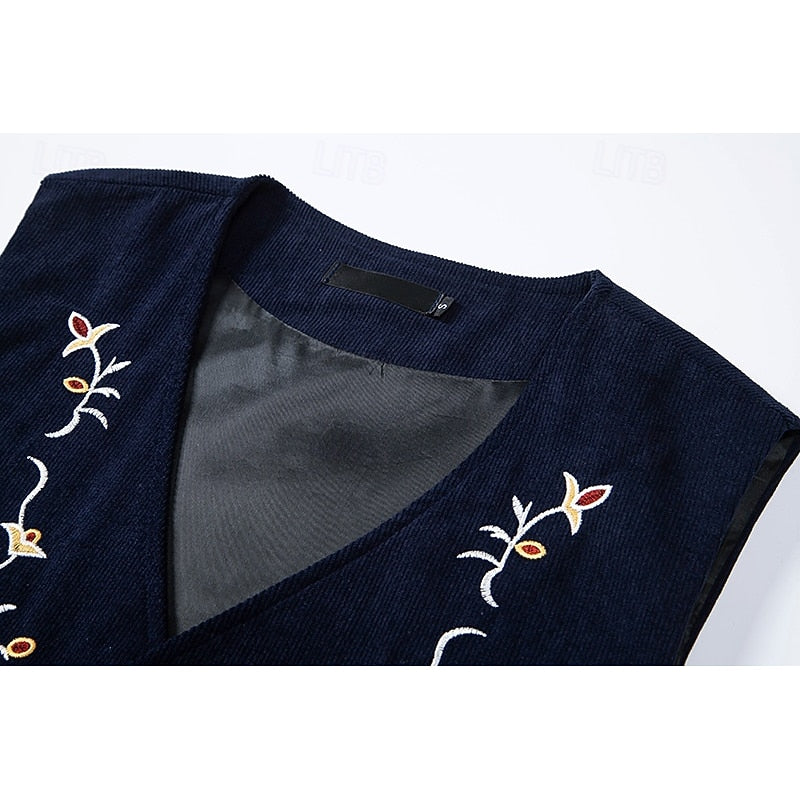 Waistcoat Men's Brown Floral Embroidered V-Neck Single-Breasted Vest – Casual, Office, Holiday, Gift