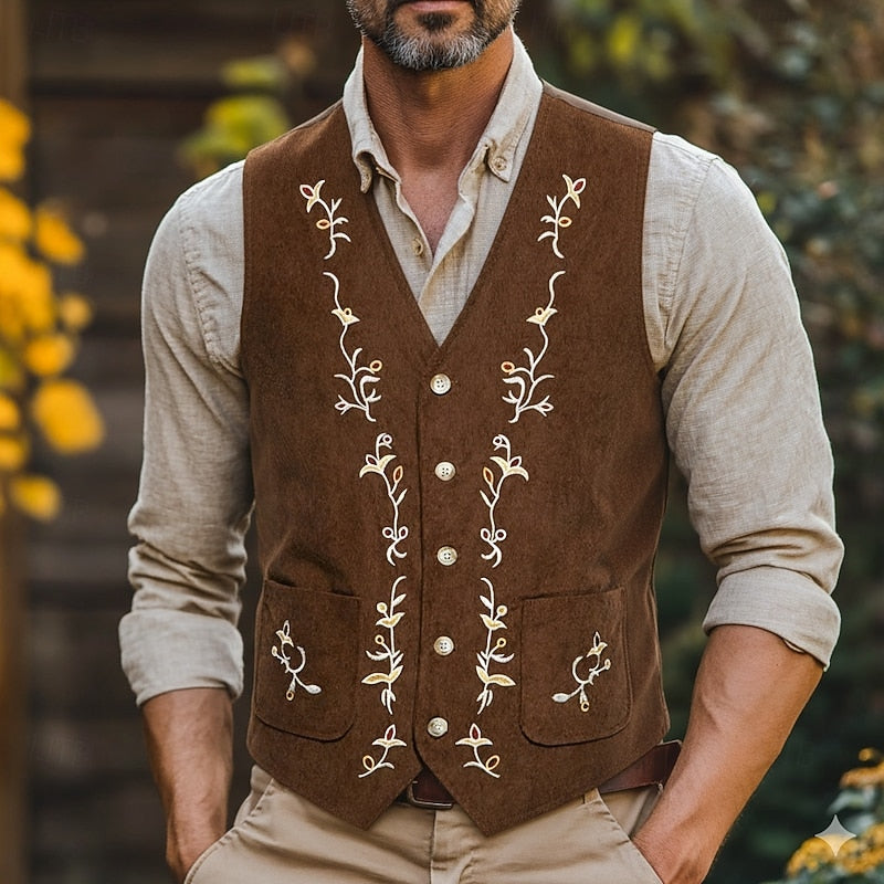 Waistcoat Men's Brown Floral Embroidered V-Neck Single-Breasted Vest – Casual, Office, Holiday, Gift