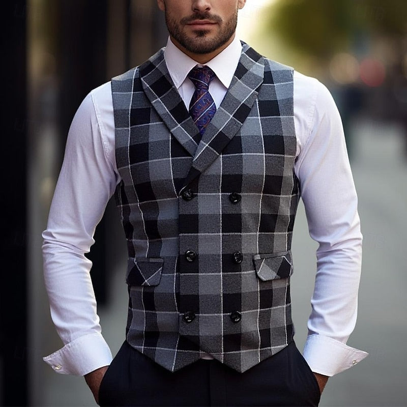 Waistcoat Plaid Double-Breasted Men's Suit Vest – Office, Wedding, Formal, Business, Gift
