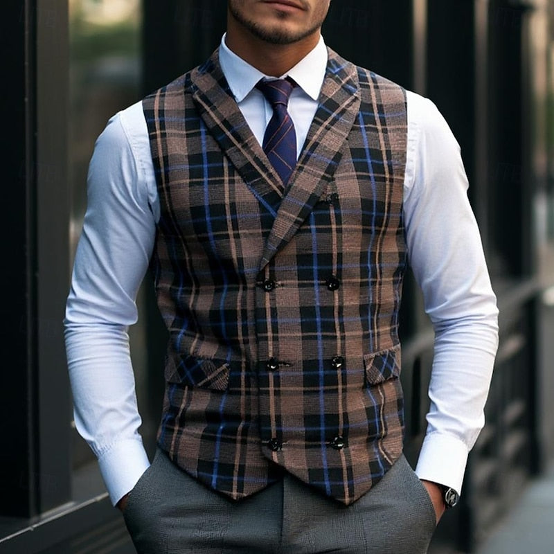 Waistcoat Plaid Double-Breasted Men's Suit Vest – Office, Wedding, Formal, Business, Gift
