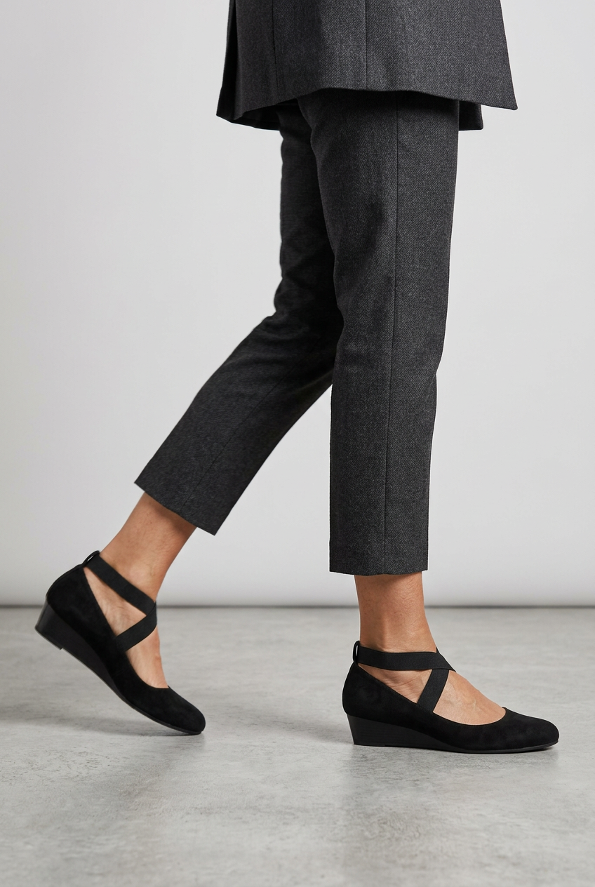 Wedge Heels Suede Black Women's Cross-Strap Slip-On Court Shoes – Office, Casual, Gift