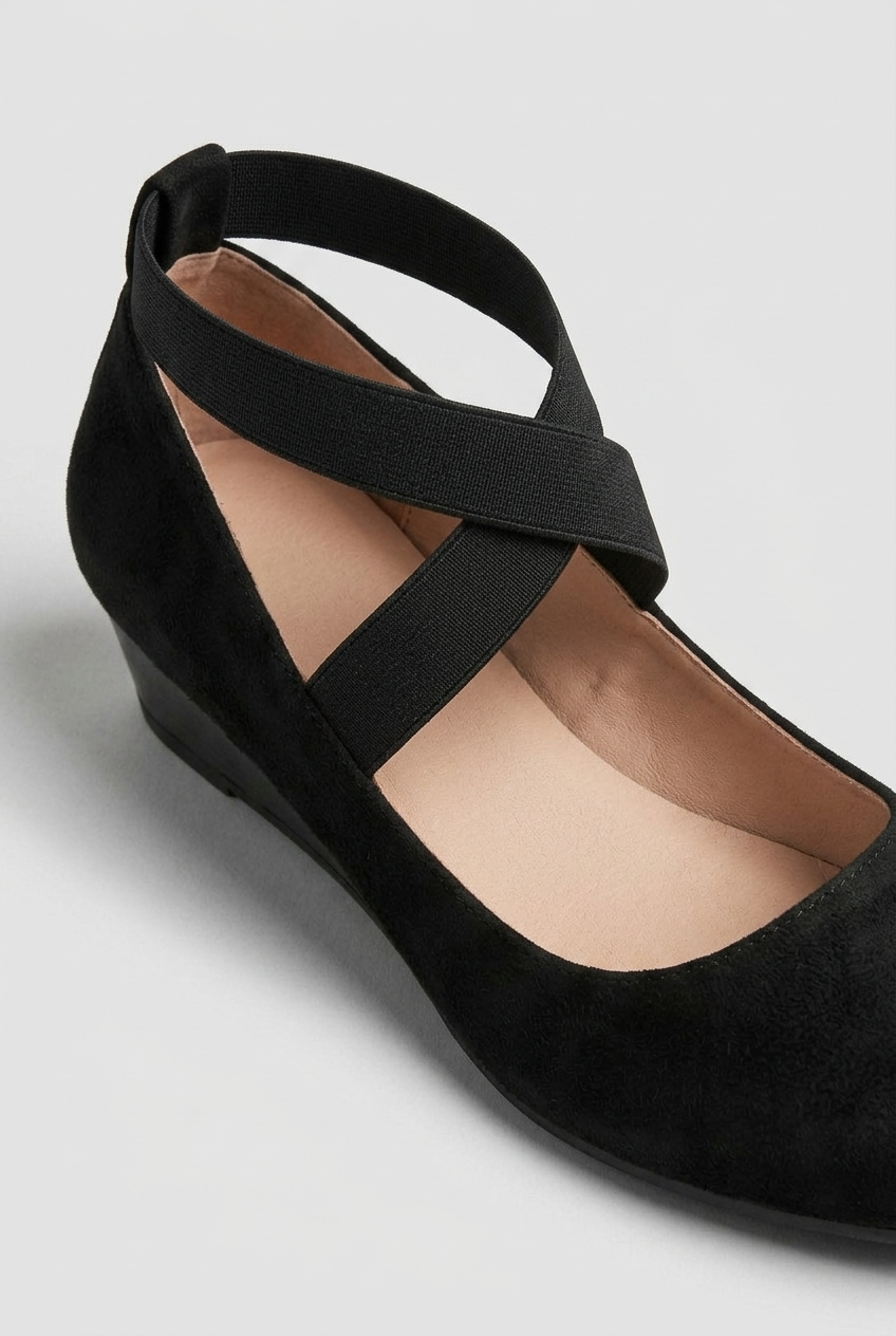 Wedge Heels Suede Black Women's Cross-Strap Slip-On Court Shoes – Office, Casual, Gift