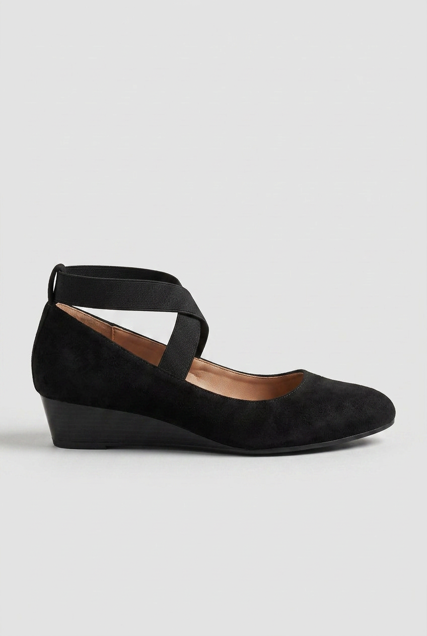 Wedge Heels Suede Black Women's Cross-Strap Slip-On Court Shoes – Office, Casual, Gift