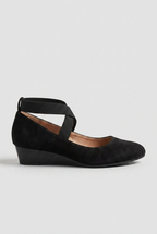 Wedge Heels Suede Black Women's Cross-Strap Slip-On Court Shoes – Office, Casual, Gift