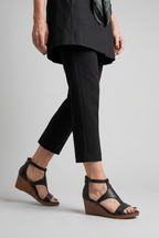 Wedge Sandals Black Leather Women's T-Strap Zip-Back – Casual, Office, Holiday, Everyday Wear