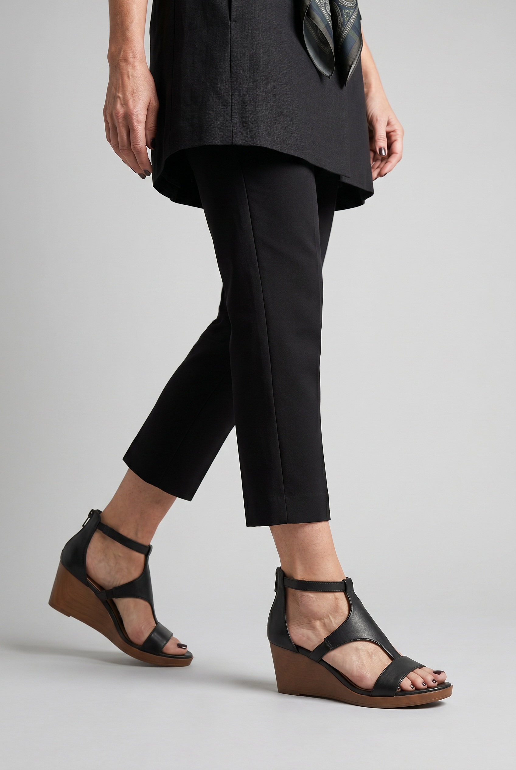 Wedge Sandals Black Leather Women's T-Strap Zip-Back – Casual, Office, Holiday, Everyday Wear