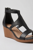 Wedge Sandals Black Leather Women's T-Strap Zip-Back – Casual, Office, Holiday, Everyday Wear