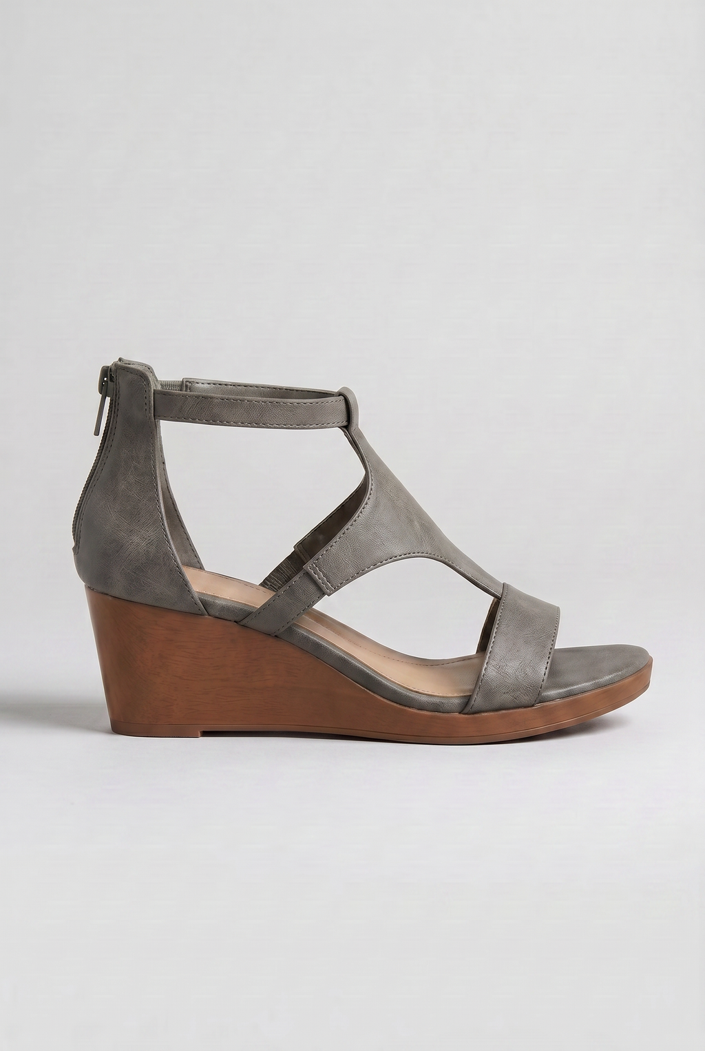 Wedge Sandals Black Leather Women's T-Strap Zip-Back – Casual, Office, Holiday, Everyday Wear
