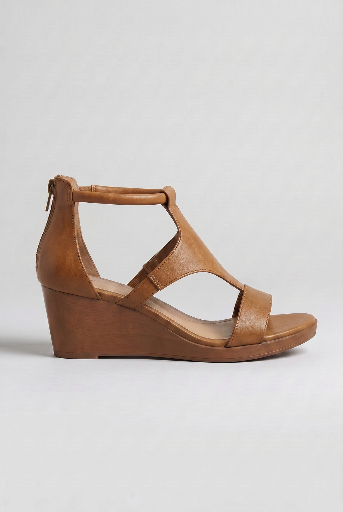 Wedge Sandals Black Leather Women's T-Strap Zip-Back – Casual, Office, Holiday, Everyday Wear