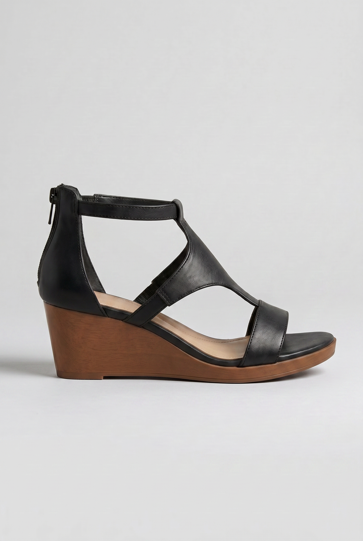 Wedge Sandals Black Leather Women's T-Strap Zip-Back – Casual, Office, Holiday, Everyday Wear