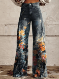 Wide-Leg Denim Trousers Floral Print Women's High-Waist Jeans – Casual, Holiday · Werune