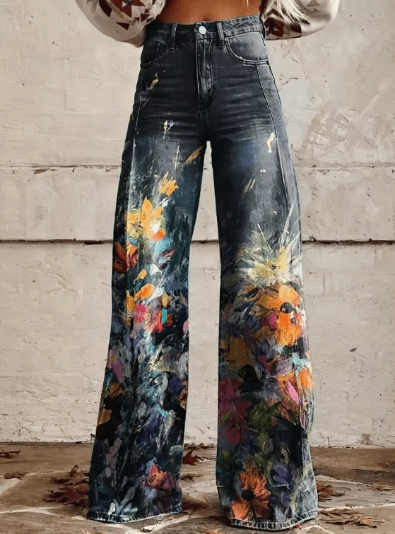 Wide-Leg Denim Trousers Floral Print Women's High-Waist Jeans – Casual, Holiday · Werune