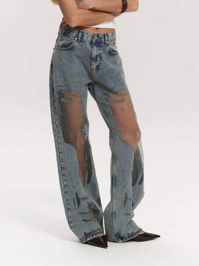 Wide Leg Jeans High Waist Denim Mesh Panel Women's – Casual, Holiday · Werune