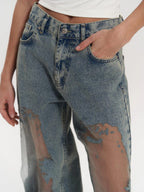 Wide Leg Jeans High Waist Denim Mesh Panel Women's – Casual, Holiday · Werune