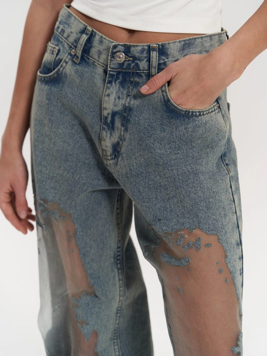 Wide Leg Jeans High Waist Denim Mesh Panel Women's – Casual, Holiday · Werune