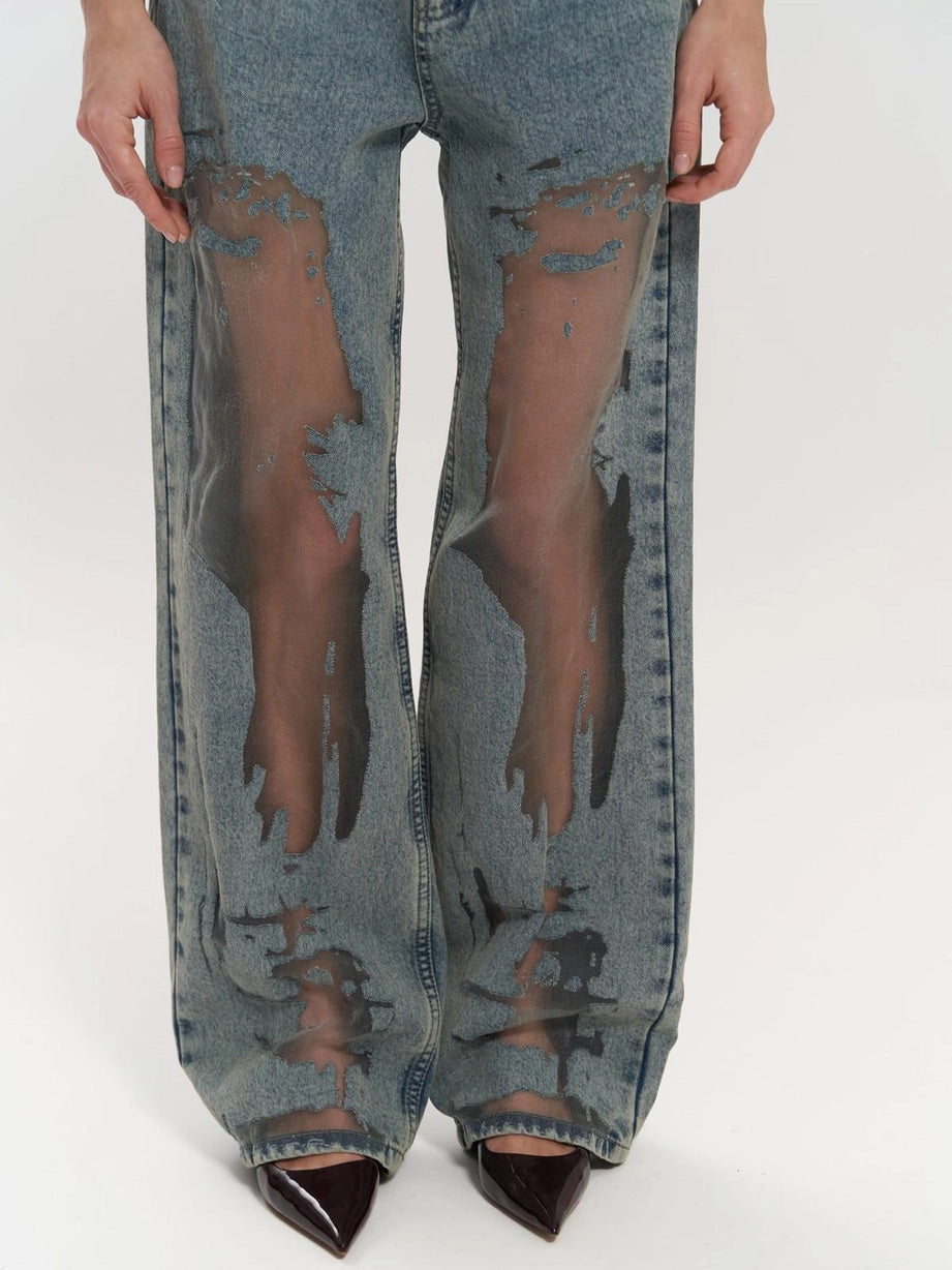 Wide Leg Jeans High Waist Denim Mesh Panel Women's – Casual, Holiday · Werune