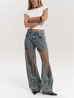 Wide Leg Jeans High Waist Denim Mesh Panel Women's – Casual, Holiday · Werune