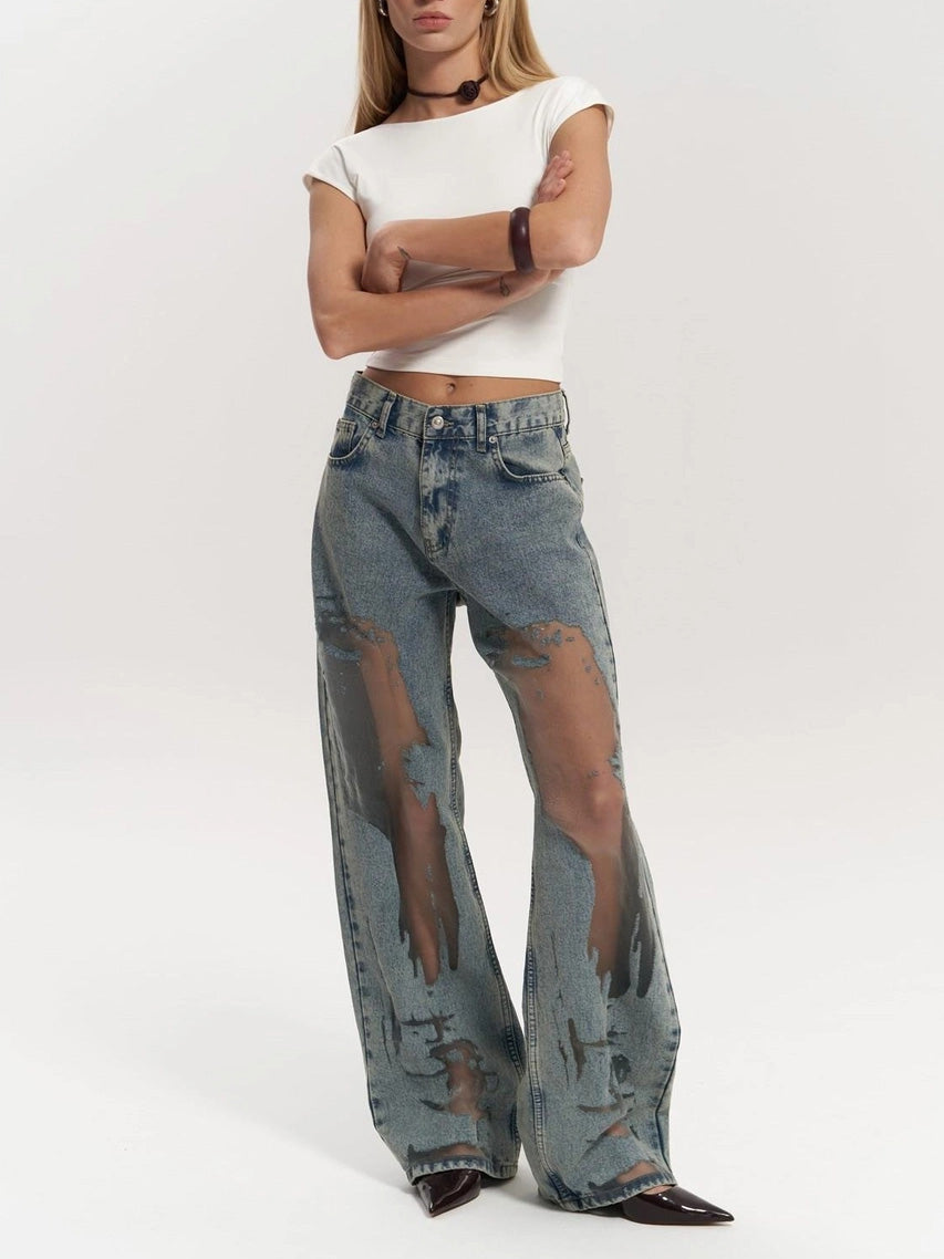 Wide Leg Jeans High Waist Denim Mesh Panel Women's – Casual, Holiday · Werune
