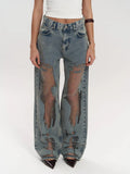 Wide Leg Jeans High Waist Denim Mesh Panel Women's – Casual, Holiday · Werune