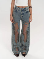 Wide Leg Jeans High Waist Denim Mesh Panel Women's – Casual, Holiday · Werune