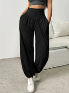 Wide-Leg Lounge Trousers High-Waist Grey Women's with Pockets – Casual, Home Comfort, Everyday Wear