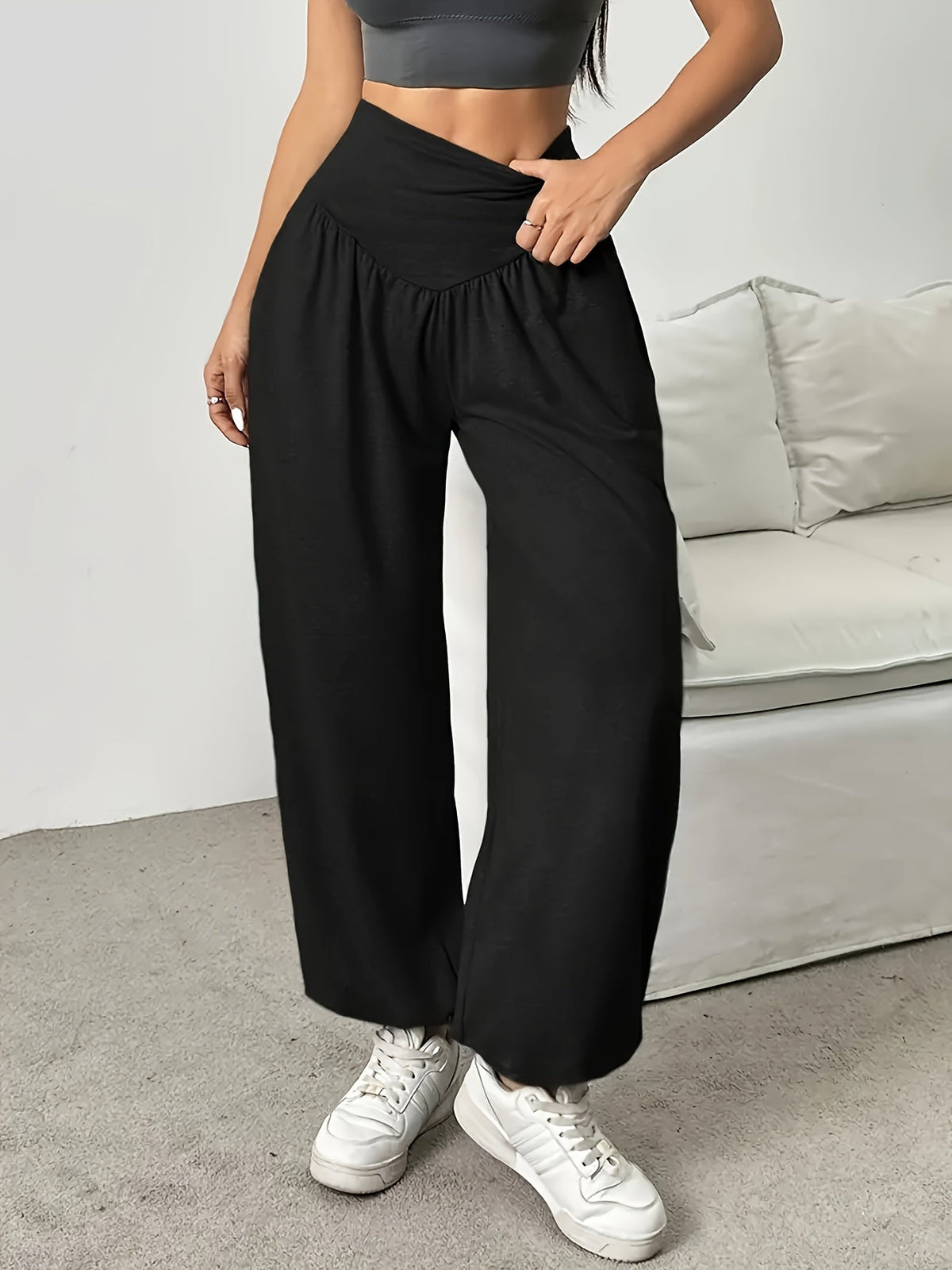Wide-Leg Lounge Trousers High-Waist Grey Women's with Pockets – Casual, Home Comfort, Everyday Wear