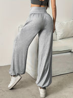 Wide-Leg Lounge Trousers High-Waist Grey Women's with Pockets – Casual, Home Comfort, Everyday Wear