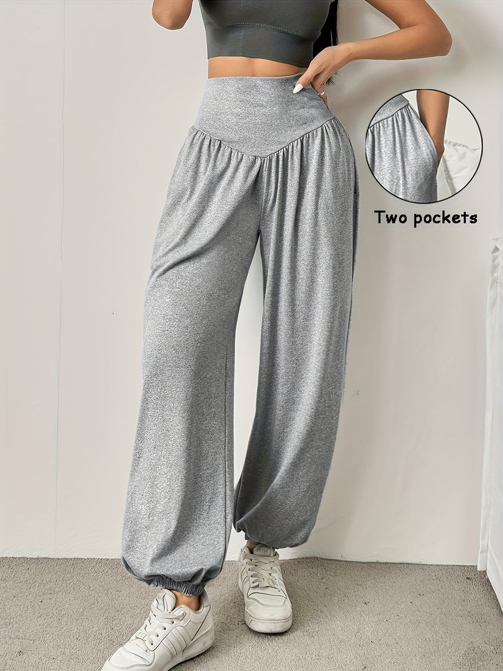 Wide-Leg Lounge Trousers High-Waist Grey Women's with Pockets – Casual, Home Comfort, Everyday Wear