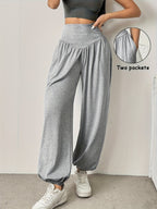 Wide-Leg Lounge Trousers High-Waist Grey Women's with Pockets – Casual, Home Comfort, Everyday Wear