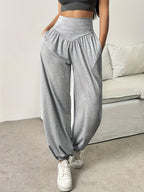 Wide-Leg Lounge Trousers High-Waist Grey Women's with Pockets – Casual, Home Comfort, Everyday Wear