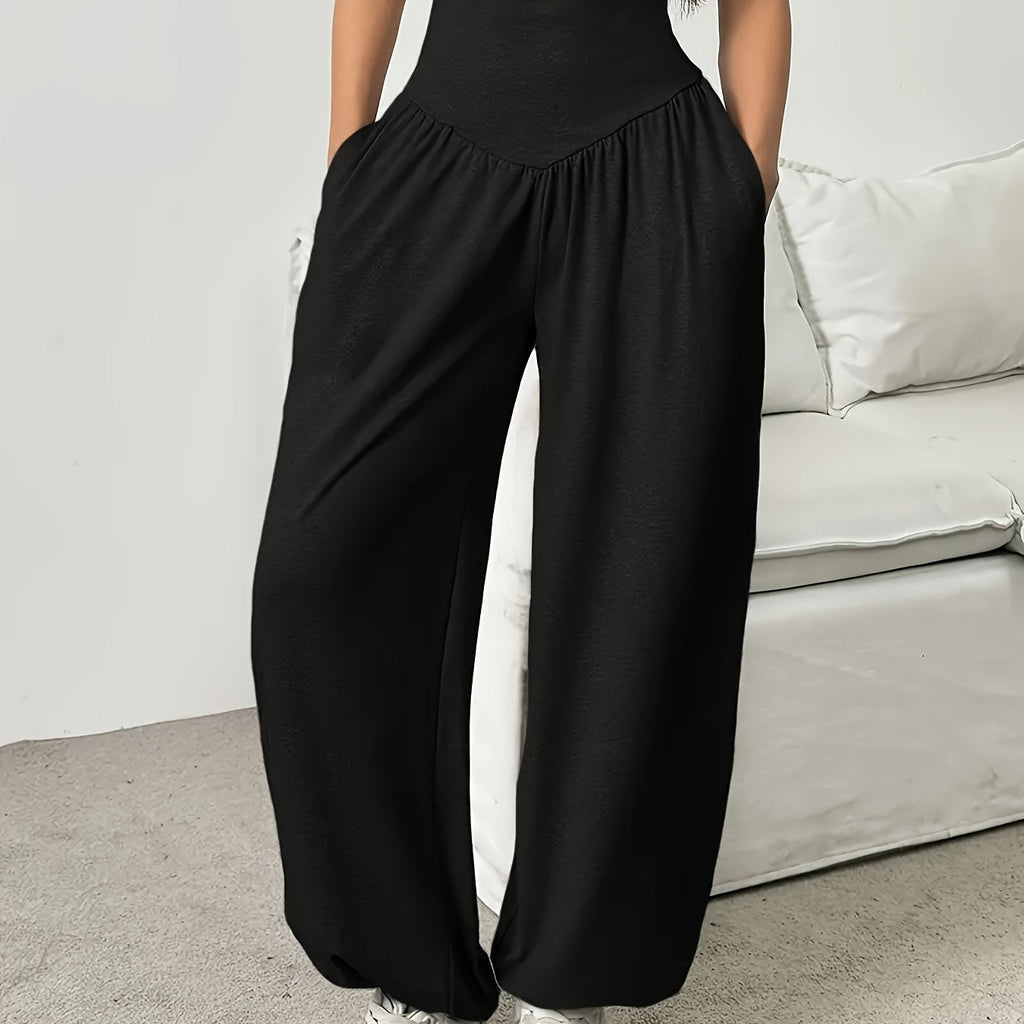 Wide-Leg Lounge Trousers High-Waist Grey Women's with Pockets – Casual, Home Comfort, Everyday Wear