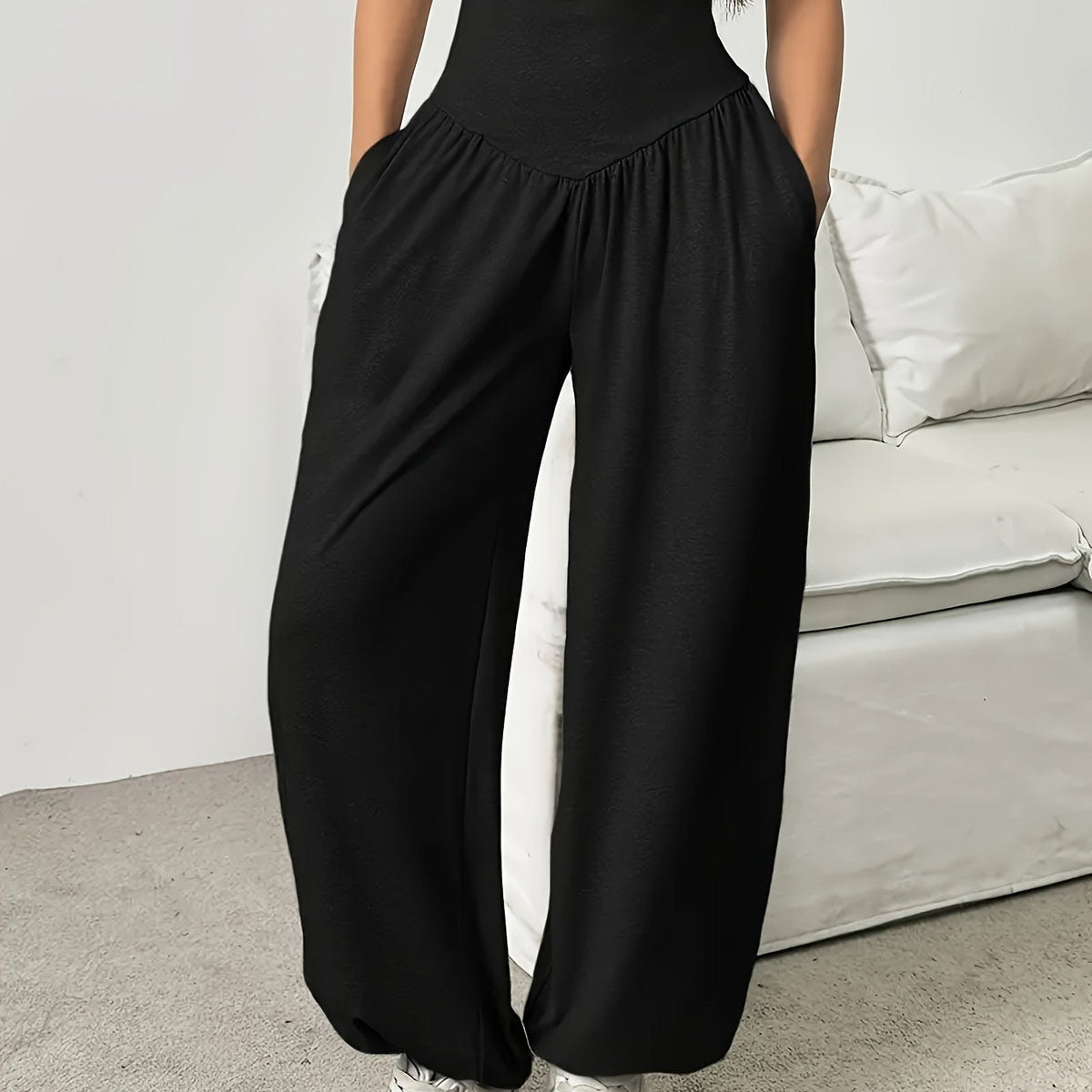 Wide-Leg Lounge Trousers High-Waist Grey Women's with Pockets – Casual, Home Comfort, Everyday Wear