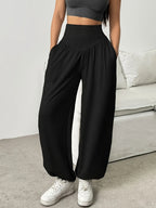 Wide-Leg Lounge Trousers High-Waist Grey Women's with Pockets – Casual, Home Comfort, Everyday Wear