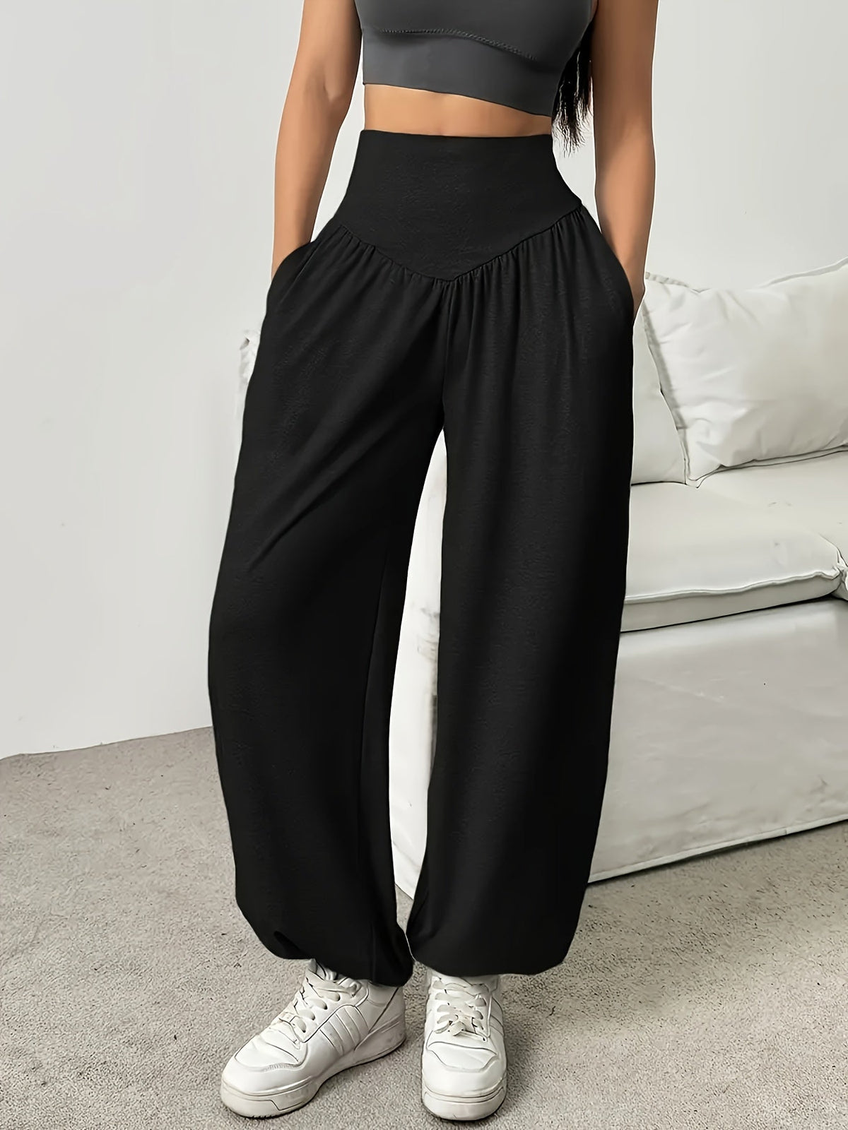 Wide-Leg Lounge Trousers High-Waist Grey Women's with Pockets – Casual, Home Comfort, Everyday Wear
