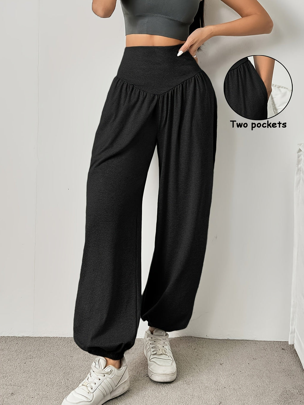 Wide-Leg Lounge Trousers High-Waist Grey Women's with Pockets – Casual, Home Comfort, Everyday Wear