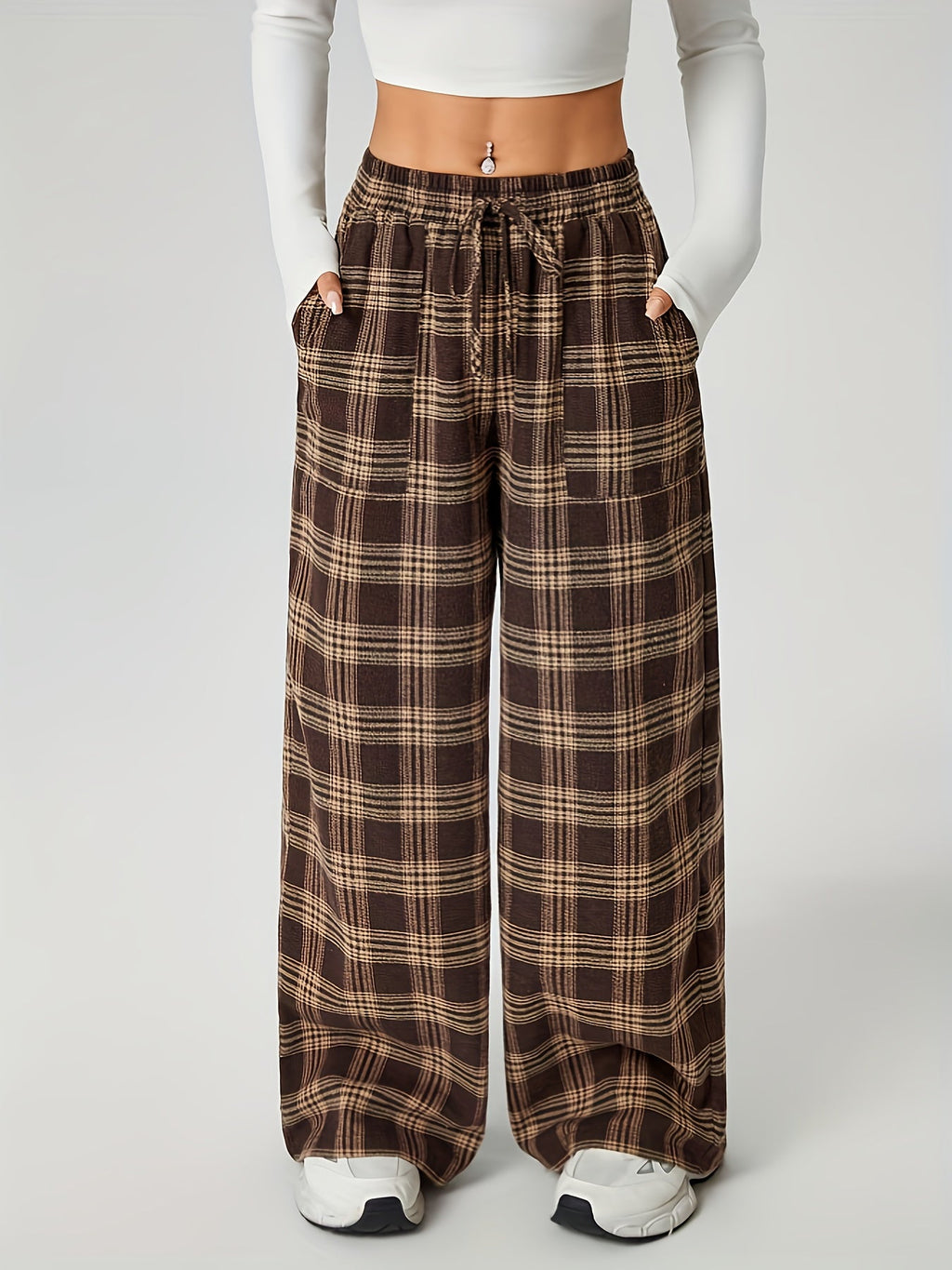 Wide-Leg Trousers Brown Plaid Women's Drawstring High Waist with Pockets – Casual, Office Wear