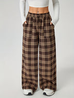 Wide-Leg Trousers Brown Plaid Women's Drawstring High Waist with Pockets – Casual, Office Wear