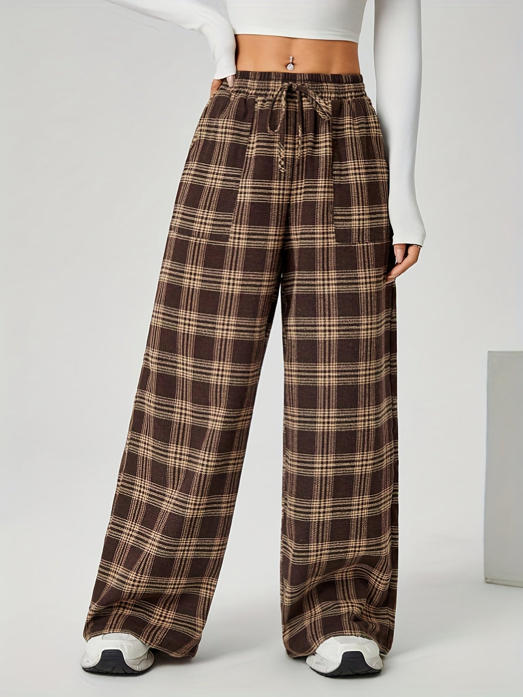 Wide-Leg Trousers Brown Plaid Women's Drawstring High Waist with Pockets – Casual, Office Wear