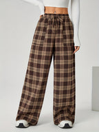 Wide-Leg Trousers Brown Plaid Women's Drawstring High Waist with Pockets – Casual, Office Wear