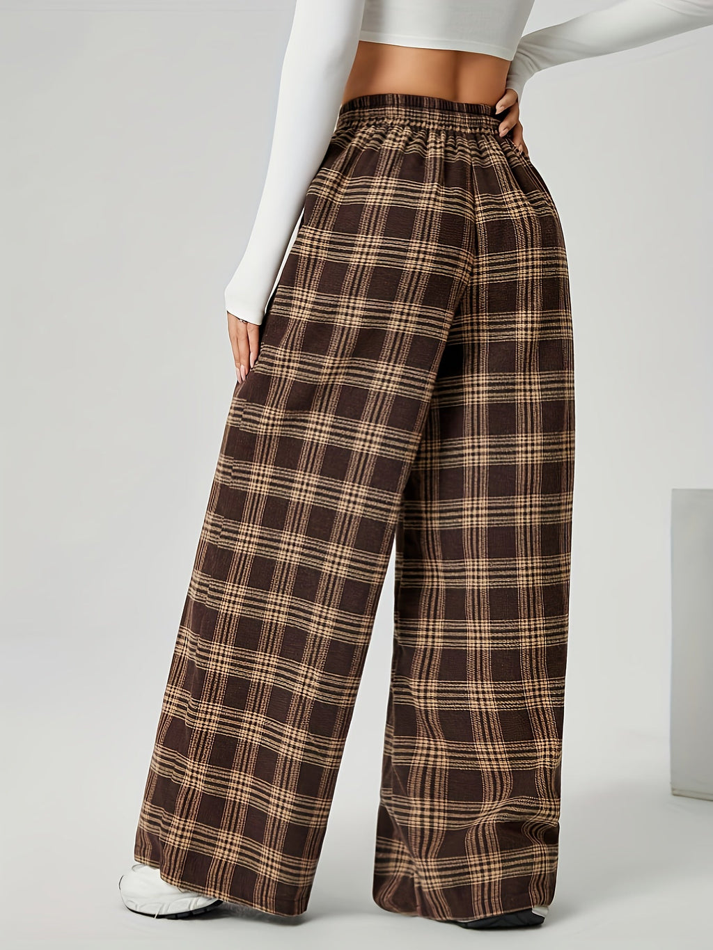 Wide-Leg Trousers Brown Plaid Women's Drawstring High Waist with Pockets – Casual, Office Wear