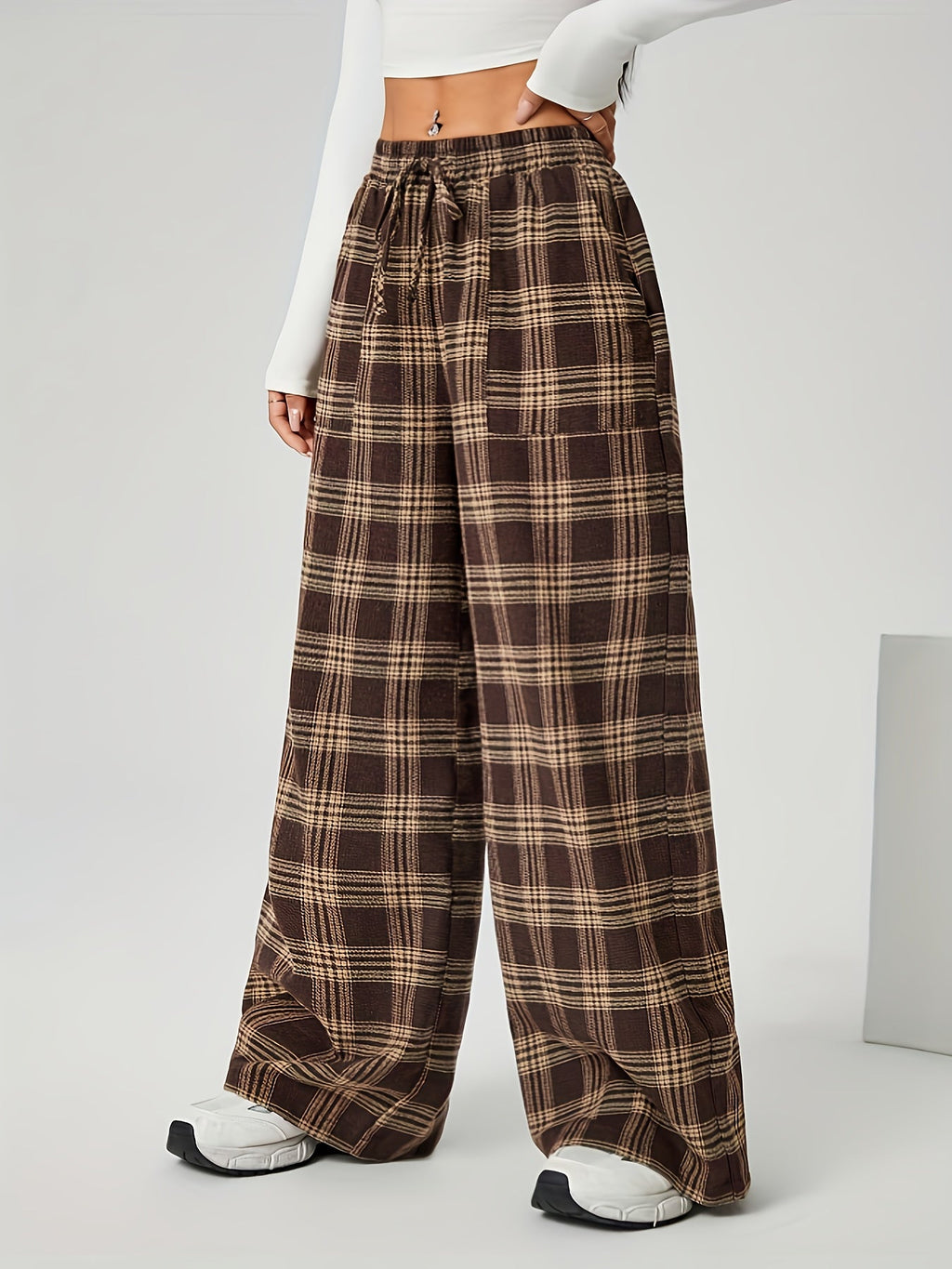 Wide-Leg Trousers Brown Plaid Women's Drawstring High Waist with Pockets – Casual, Office Wear