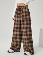 Wide-Leg Trousers Brown Plaid Women's Drawstring High Waist with Pockets – Casual, Office Wear