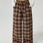 Wide-Leg Trousers Brown Plaid Women's Drawstring High Waist with Pockets – Casual, Office Wear
