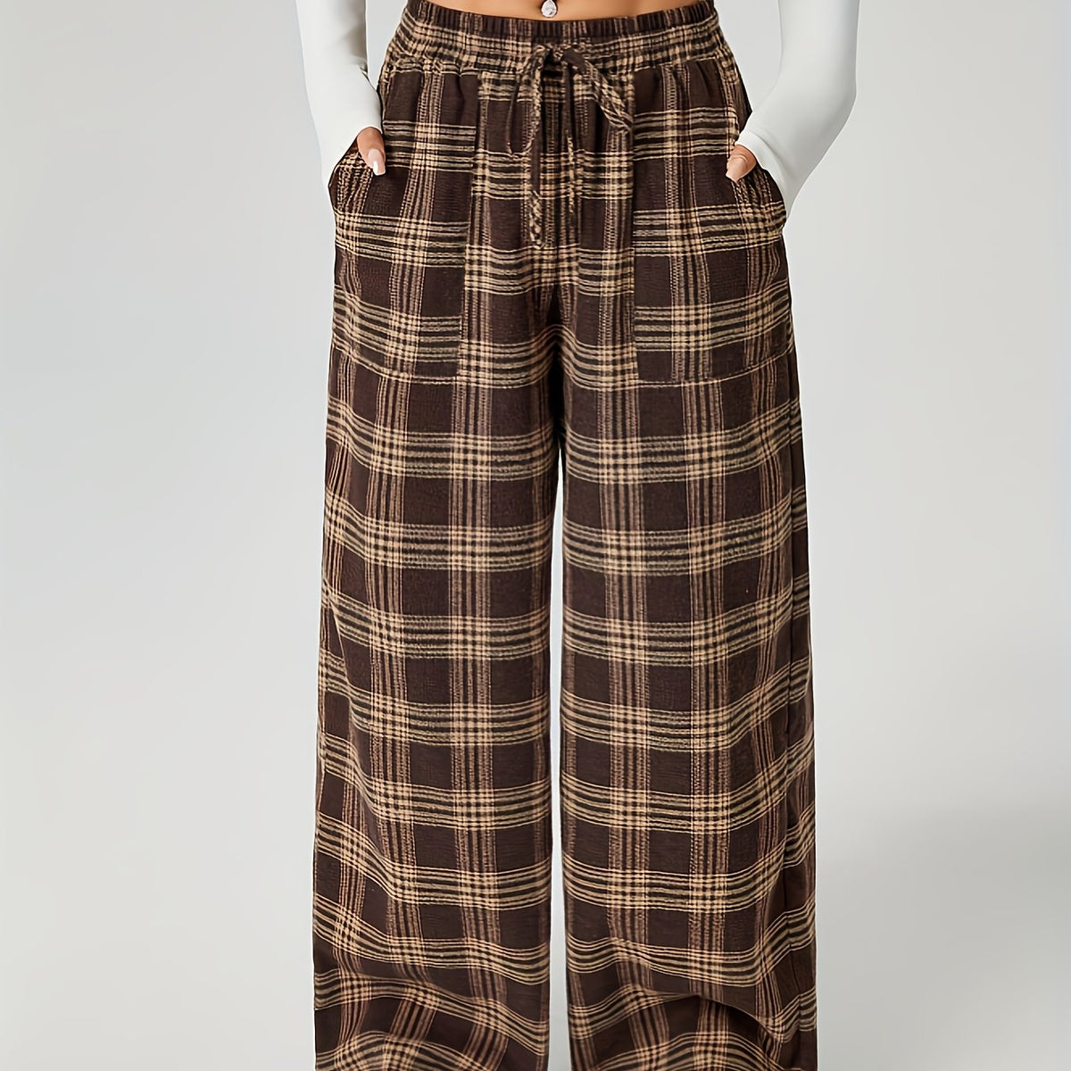 Wide-Leg Trousers Brown Plaid Women's Drawstring High Waist with Pockets – Casual, Office Wear