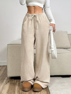 Wide-Leg Trousers Corduroy Beige Women's Drawstring High Waist – Casual, Office, Everyday, Gift