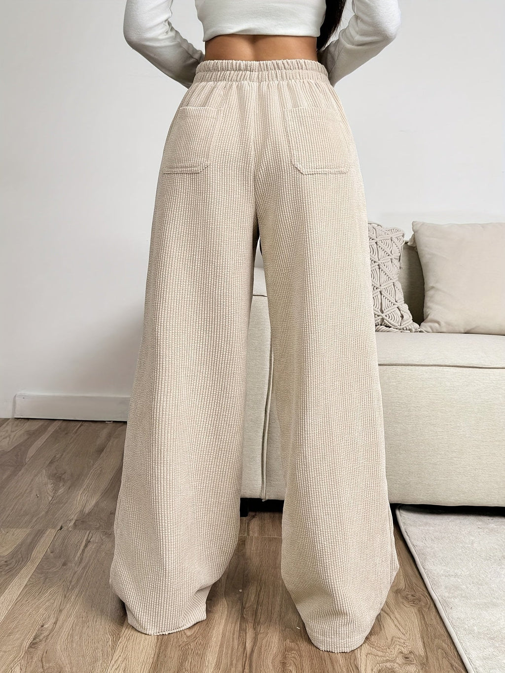 Wide-Leg Trousers Corduroy Beige Women's Drawstring High Waist – Casual, Office, Everyday, Gift
