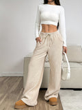 Wide-Leg Trousers Corduroy Beige Women's Drawstring High Waist – Casual, Office, Everyday, Gift