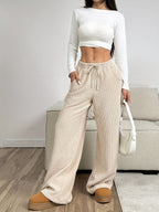 Wide-Leg Trousers Corduroy Beige Women's Drawstring High Waist – Casual, Office, Everyday, Gift