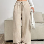 Wide-Leg Trousers Corduroy Beige Women's Drawstring High Waist – Casual, Office, Everyday, Gift