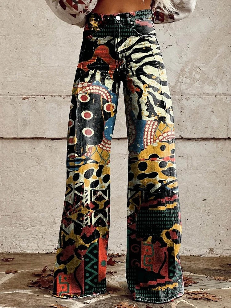 Wide Leg Trousers Grey Daisy Floral Print High Waist Women's – Casual, Holiday · Werune